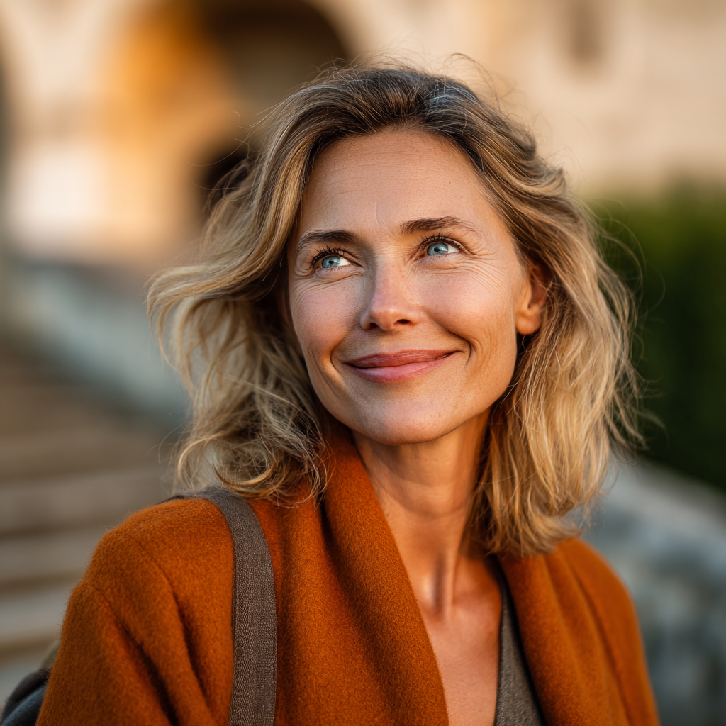 Happy middle-aged European woman with healthy glowing skin, smiling confidently outdoors in natural lighting, realistic portrait style